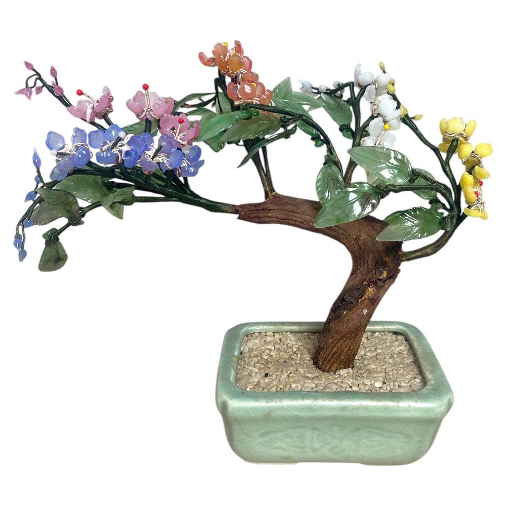 Glass Jade Bonsai Tree Sculpture Multicolor Flowers Celadon Pot 9 Inch